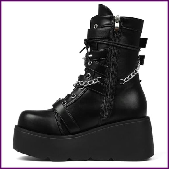 Platform Combat Boots with Side Zip Wedge Heel Leather Motorcycle - Picture 8 of 8